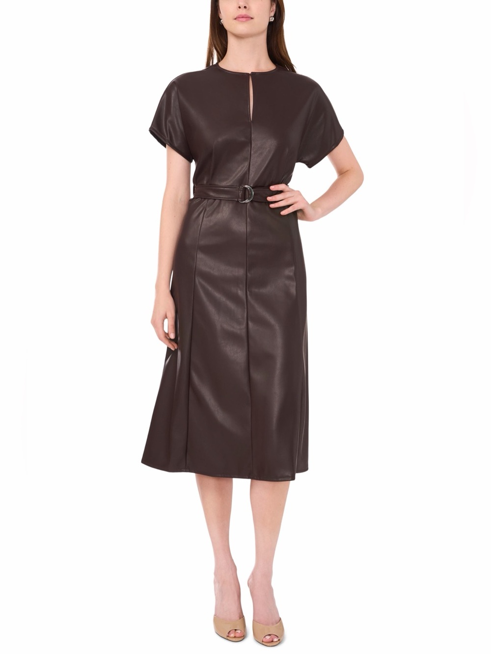 Halogen Faux Leather Brown Belted Midi Dress Sz XL